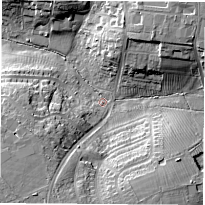 Shaded relief map of the ground around CV226DR, computed from Environment Agency LiDAR. The ground here sits at about 100 m above sea level and falls 23 m across the surrounding 800 m. Surface water reaching this point runs off ground lying to the north-east, 19.3 m higher.