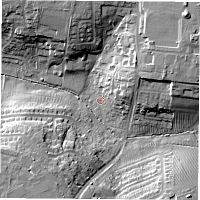 Shaded relief map of the ground around CV226DS, computed from Environment Agency LiDAR. The ground here sits at about 100 m above sea level and falls 25 m across the surrounding 800 m. Surface water reaching this point runs off ground lying to the east-north-east, 13.7 m higher.