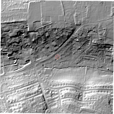 Shaded relief map of the ground around CV227AS, computed from Environment Agency LiDAR. The ground here sits at about 96 m above sea level and falls 25 m across the surrounding 800 m. Surface water reaching this point runs off ground lying to the north-north-east, 8.2 m higher.