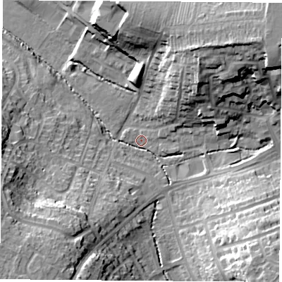 Shaded relief map of the ground around CV227BB, computed from Environment Agency LiDAR. The ground here sits at about 90 m above sea level and falls 27 m across the surrounding 800 m. Surface water reaching this point runs off ground lying to the north-east, 23.5 m higher.