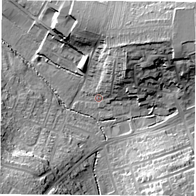 Shaded relief map of the ground around CV227BY, computed from Environment Agency LiDAR. The ground here sits at about 92 m above sea level and falls 27 m across the surrounding 800 m. Surface water reaching this point runs off ground lying to the north-north-east, 19.7 m higher.