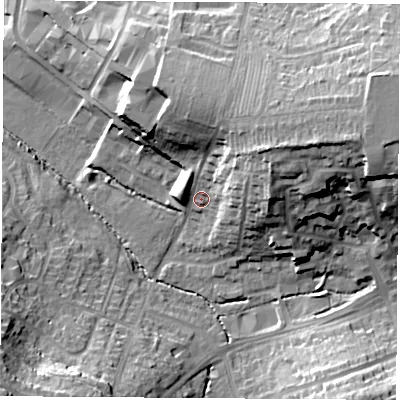 Shaded relief map of the ground around CV227DA, computed from Environment Agency LiDAR. The ground here sits at about 95 m above sea level and falls 27 m across the surrounding 800 m. Surface water reaching this point runs off ground lying to the north-east, 18.5 m higher.