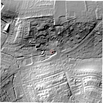 Shaded relief map of the ground around CV227DF, computed from Environment Agency LiDAR. The ground here sits at about 94 m above sea level and falls 26 m across the surrounding 800 m. Surface water reaching this point runs off ground lying to the north-north-west, 19.8 m higher.