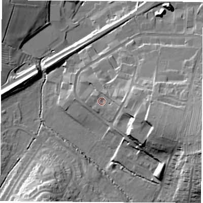 Shaded relief map of the ground around CV227DH, computed from Environment Agency LiDAR. The ground here sits at about 93 m above sea level and falls 29 m across the surrounding 800 m. Surface water reaching this point runs off ground lying to the east-north-east, 6.6 m higher.