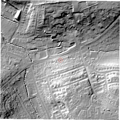 Shaded relief map of the ground around CV227DS, computed from Environment Agency LiDAR. The ground here sits at about 96 m above sea level and falls 27 m across the surrounding 800 m. Surface water reaching this point runs off ground lying to the south-south-east, 8.0 m higher.