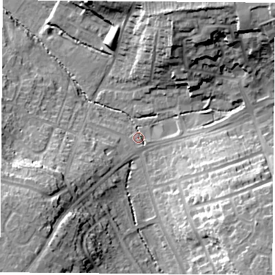 Shaded relief map of the ground around CV227DT, computed from Environment Agency LiDAR. The ground here sits at about 91 m above sea level and falls 28 m across the surrounding 800 m. Surface water reaching this point runs off ground lying to the south-east, 24.4 m higher.