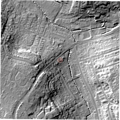 Shaded relief map of the ground around CV227DY, computed from Environment Agency LiDAR. The ground here sits at about 96 m above sea level and falls 26 m across the surrounding 800 m. Surface water reaching this point runs off ground lying to the west-south-west, 5.4 m higher.