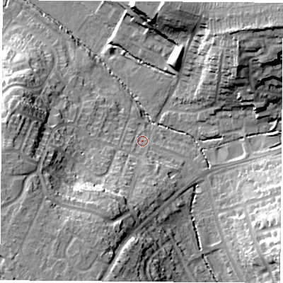 Shaded relief map of the ground around CV227EZ, computed from Environment Agency LiDAR. The ground here sits at about 92 m above sea level and falls 27 m across the surrounding 800 m. Surface water reaching this point runs off ground lying to the south-south-west, 17.3 m higher.