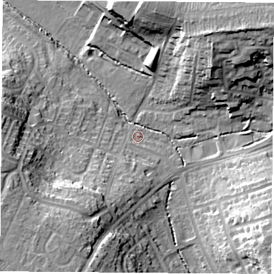 Shaded relief map of the ground around CV227HD, computed from Environment Agency LiDAR. The ground here sits at about 91 m above sea level and falls 27 m across the surrounding 800 m. Surface water reaching this point runs off ground lying to the south-west, 1.8 m higher.