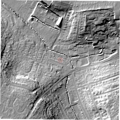 Shaded relief map of the ground around CV227HE, computed from Environment Agency LiDAR. The ground here sits at about 91 m above sea level and falls 27 m across the surrounding 800 m. Surface water reaching this point runs off ground lying to the south-west, 12.5 m higher.