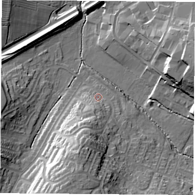 Shaded relief map of the ground around CV227HY, computed from Environment Agency LiDAR. The ground here sits at about 90 m above sea level and falls 28 m across the surrounding 800 m. Surface water reaching this point runs off ground lying to the south-south-west, 20.1 m higher.
