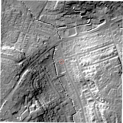 Shaded relief map of the ground around CV227PA, computed from Environment Agency LiDAR. The ground here sits at about 93 m above sea level and falls 27 m across the surrounding 800 m. Surface water reaching this point runs off ground lying to the east-south-east, 21.9 m higher.
