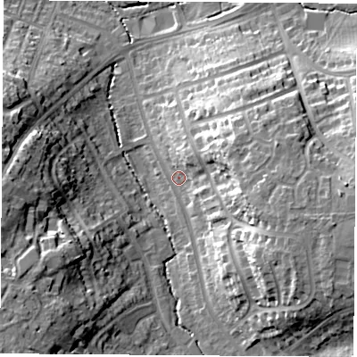 Shaded relief map of the ground around CV227PG, computed from Environment Agency LiDAR. The ground here sits at about 96 m above sea level and falls 26 m across the surrounding 800 m. Surface water reaching this point runs off ground lying to the east-south-east, 19.7 m higher.