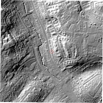 Shaded relief map of the ground around CV227PQ, computed from Environment Agency LiDAR. The ground here sits at about 98 m above sea level and falls 24 m across the surrounding 800 m. Surface water reaching this point runs off ground lying to the east, 8.7 m higher.