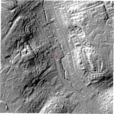 Shaded relief map of the ground around CV227PY, computed from Environment Agency LiDAR. The ground here sits at about 96 m above sea level and falls 25 m across the surrounding 800 m. Surface water reaching this point runs off ground lying to the south-west, 20.5 m higher.