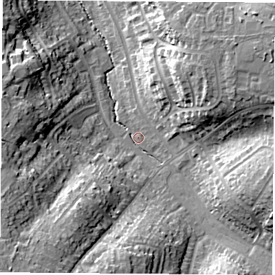 Shaded relief map of the ground around CV227PZ, computed from Environment Agency LiDAR. The ground here sits at about 98 m above sea level and falls 24 m across the surrounding 800 m. Surface water reaching this point runs off ground lying to the east-north-east, 19.3 m higher.