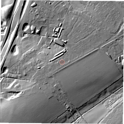 Shaded relief map of the ground around CV227RY, computed from Environment Agency LiDAR. The ground here sits at about 113 m above sea level and falls 20 m across the surrounding 800 m. Surface water reaching this point runs off ground lying to the east-south-east, 1.0 m higher.