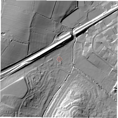 Shaded relief map of the ground around CV227ST, computed from Environment Agency LiDAR. The ground here sits at about 87 m above sea level and falls 25 m across the surrounding 800 m. Surface water reaching this point runs off ground lying to the south-west, 17.4 m higher.