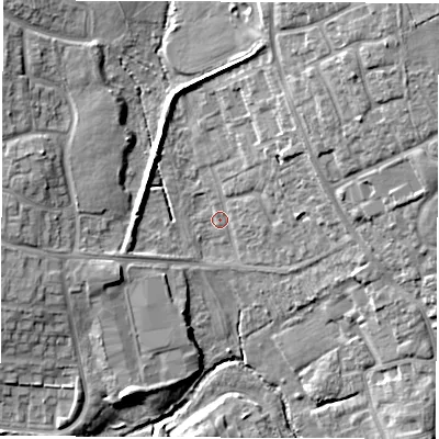 Shaded relief map of the ground around CV22FU, computed from Environment Agency LiDAR. The ground here sits at about 76 m above sea level and falls 15 m across the surrounding 800 m. Surface water reaching this point runs off ground lying to the north-east, 12.2 m higher.