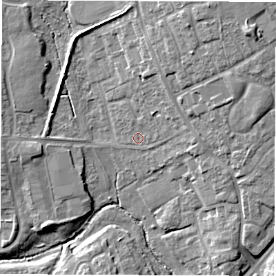 Shaded relief map of the ground around CV22FZ, computed from Environment Agency LiDAR. The ground here sits at about 77 m above sea level and falls 16 m across the surrounding 800 m. Surface water reaching this point runs off ground lying to the north-east, 5.5 m higher.