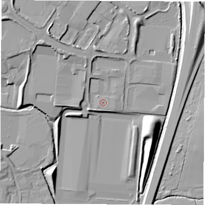 Shaded relief map of the ground around CV22TA, computed from Environment Agency LiDAR. The ground here sits at about 78 m above sea level and falls 16 m across the surrounding 800 m. Surface water reaching this point runs off ground lying to the north-east, 0.6 m higher.