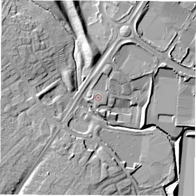 Shaded relief map of the ground around CV22TW, computed from Environment Agency LiDAR. The ground here sits at about 80 m above sea level and falls 17 m across the surrounding 800 m. Surface water reaching this point runs off ground lying to the west-north-west, 0.6 m higher.