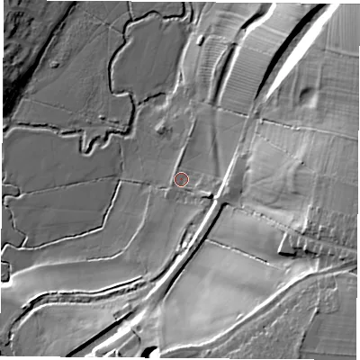 Shaded relief map of the ground around CV230BU, computed from Environment Agency LiDAR. The ground here sits at about 90 m above sea level and falls 31 m across the surrounding 800 m. Surface water reaching this point runs off ground lying to the east-south-east, 24.7 m higher.