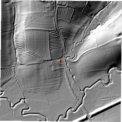 Shaded relief map of the ground around CV230DN, computed from Environment Agency LiDAR. The ground here sits at about 92 m above sea level and falls 23 m across the surrounding 800 m. Surface water reaching this point runs off ground lying to the north-north-west, 13.2 m higher.