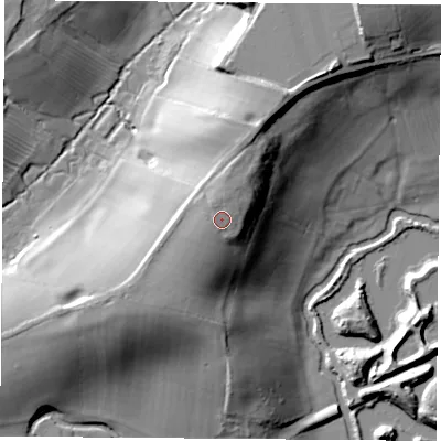 Shaded relief map of the ground around CV230DP, computed from Environment Agency LiDAR. The ground here sits at about 117 m above sea level and falls 31 m across the surrounding 800 m. Surface water reaching this point runs off ground lying to the north, 1.8 m higher.