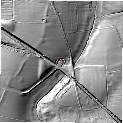 Shaded relief map of the ground around CV230HA, computed from Environment Agency LiDAR. The ground here sits at about 93 m above sea level and falls 19 m across the surrounding 800 m. Surface water reaching this point runs off ground lying to the north-west, 8.6 m higher.