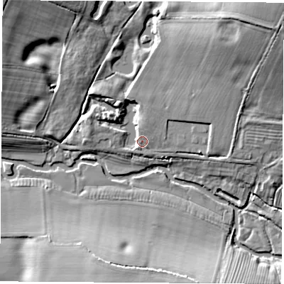 Shaded relief map of the ground around CV230JJ, computed from Environment Agency LiDAR. The ground here sits at about 79 m above sea level and falls 20 m across the surrounding 800 m. Surface water reaching this point runs off ground lying to the north-east, 13.5 m higher.