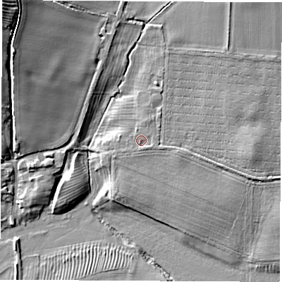 Shaded relief map of the ground around CV230JU, computed from Environment Agency LiDAR. The ground here sits at about 75 m above sea level and falls 16 m across the surrounding 800 m. Surface water reaching this point runs off ground lying to the north-north-east, 0.7 m higher.