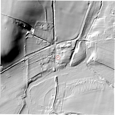 Shaded relief map of the ground around CV230LB, computed from Environment Agency LiDAR. The ground here sits at about 73 m above sea level and falls 25 m across the surrounding 800 m. Surface water reaching this point runs off ground lying to the north-west, 22.9 m higher.