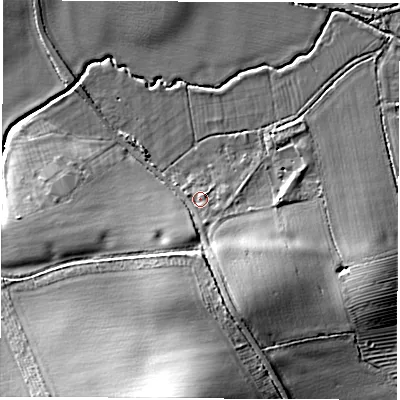 Shaded relief map of the ground around CV230NQ, computed from Environment Agency LiDAR. The ground here sits at about 82 m above sea level and falls 20 m across the surrounding 800 m. Surface water reaching this point runs off ground lying to the south, 2.7 m higher.