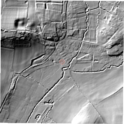 Shaded relief map of the ground around CV230QY, computed from Environment Agency LiDAR. The ground here sits at about 97 m above sea level and falls 24 m across the surrounding 800 m. Surface water reaching this point runs off ground lying to the west-north-west, 19.8 m higher.