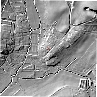 Shaded relief map of the ground around CV230RA, computed from Environment Agency LiDAR. The ground here sits at about 103 m above sea level and falls 23 m across the surrounding 800 m. Surface water reaching this point runs off ground lying to the east, 2.2 m higher.