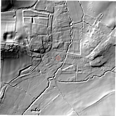 Shaded relief map of the ground around CV230SA, computed from Environment Agency LiDAR. The ground here sits at about 98 m above sea level and falls 22 m across the surrounding 800 m. Surface water reaching this point runs off ground lying to the west-north-west, 2.5 m higher.