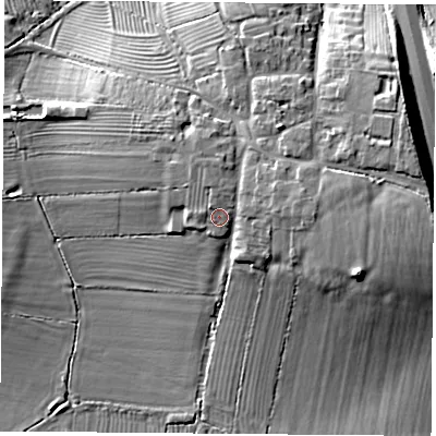 Shaded relief map of the ground around CV230SS, computed from Environment Agency LiDAR. The ground here sits at about 107 m above sea level and falls 16 m across the surrounding 800 m. Surface water reaching this point runs off ground lying to the north-north-west, 2.2 m higher.