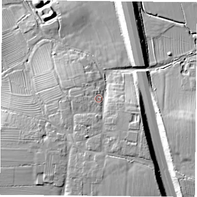 Shaded relief map of the ground around CV230SX, computed from Environment Agency LiDAR. The ground here sits at about 106 m above sea level and falls 18 m across the surrounding 800 m. Surface water reaching this point runs off ground lying to the south-south-east, 6.4 m higher.