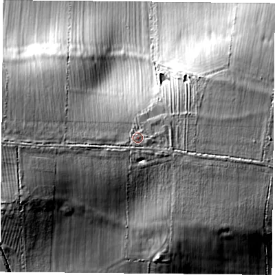 Shaded relief map of the ground around CV230SZ, computed from Environment Agency LiDAR. The ground here sits at about 112 m above sea level and falls 15 m across the surrounding 800 m. Surface water reaching this point runs off ground lying to the east-south-east, 1.1 m higher.