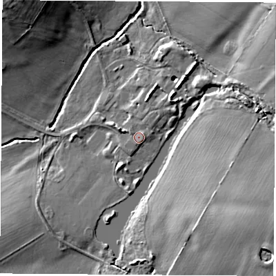 Shaded relief map of the ground around CV230TH, computed from Environment Agency LiDAR. The ground here sits at about 90 m above sea level and falls 13 m across the surrounding 800 m. Surface water reaching this point runs off ground lying to the north-east, 1.0 m higher.
