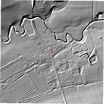 Shaded relief map of the ground around CV238AA, computed from Environment Agency LiDAR. The ground here sits at about 72 m above sea level and falls 10 m across the surrounding 800 m. Surface water reaching this point runs off ground lying to the south-east, 7.6 m higher.