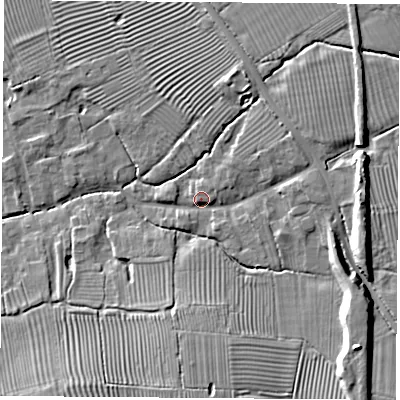Shaded relief map of the ground around CV238BH, computed from Environment Agency LiDAR. The ground here sits at about 88 m above sea level and falls 12 m across the surrounding 800 m. Surface water reaching this point runs off ground lying to the east, 8.7 m higher.