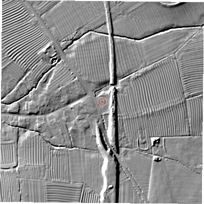 Shaded relief map of the ground around CV238BL, computed from Environment Agency LiDAR. The ground here sits at about 90 m above sea level and falls 14 m across the surrounding 800 m. Surface water reaching this point runs off ground lying to the east, 5.2 m higher.