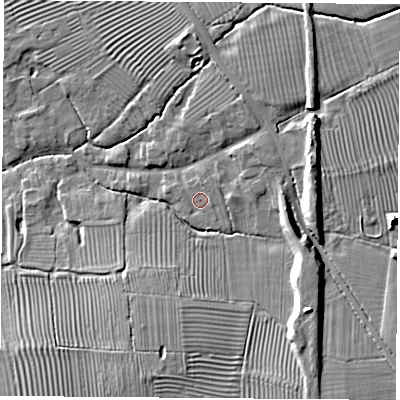 Shaded relief map of the ground around CV238BN, computed from Environment Agency LiDAR. The ground here sits at about 88 m above sea level and falls 12 m across the surrounding 800 m. Surface water reaching this point runs off ground lying to the north, 1.2 m higher.