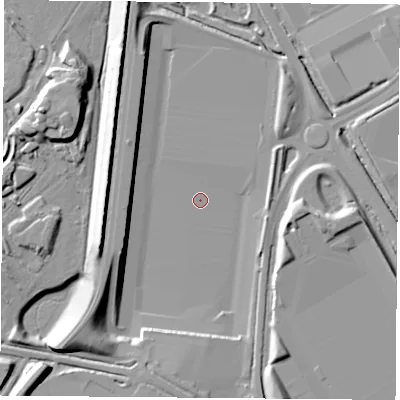 Shaded relief map of the ground around CV238BQ, computed from Environment Agency LiDAR. The ground here sits at about 100 m above sea level and falls 17 m across the surrounding 800 m. Surface water reaching this point runs off ground lying to the north-north-east, 1.1 m higher.