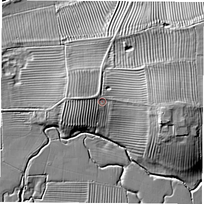 Shaded relief map of the ground around CV238BU, computed from Environment Agency LiDAR. The ground here sits at about 87 m above sea level and falls 16 m across the surrounding 800 m. Surface water reaching this point runs off ground lying to the east, 6.4 m higher.