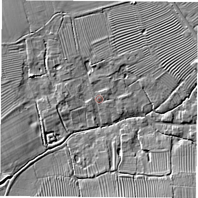 Shaded relief map of the ground around CV238BX, computed from Environment Agency LiDAR. The ground here sits at about 87 m above sea level and falls 10 m across the surrounding 800 m. Surface water reaching this point runs off ground lying to the north-north-east, 2.7 m higher.