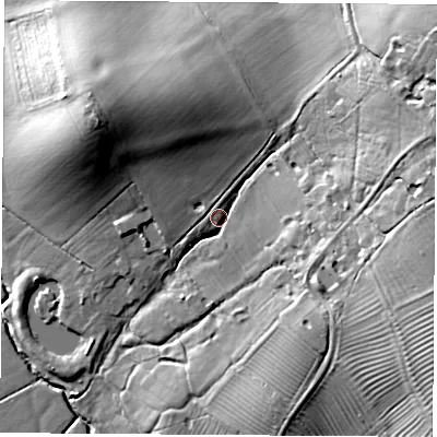 Shaded relief map of the ground around CV238DE, computed from Environment Agency LiDAR. The ground here sits at about 85 m above sea level and falls 25 m across the surrounding 800 m. Surface water reaching this point runs off ground lying to the east-north-east, 15.4 m higher.