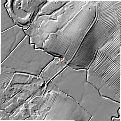 Shaded relief map of the ground around CV238DF, computed from Environment Agency LiDAR. The ground here sits at about 78 m above sea level and falls 24 m across the surrounding 800 m. Surface water reaching this point runs off ground lying to the north-east, 16.8 m higher.